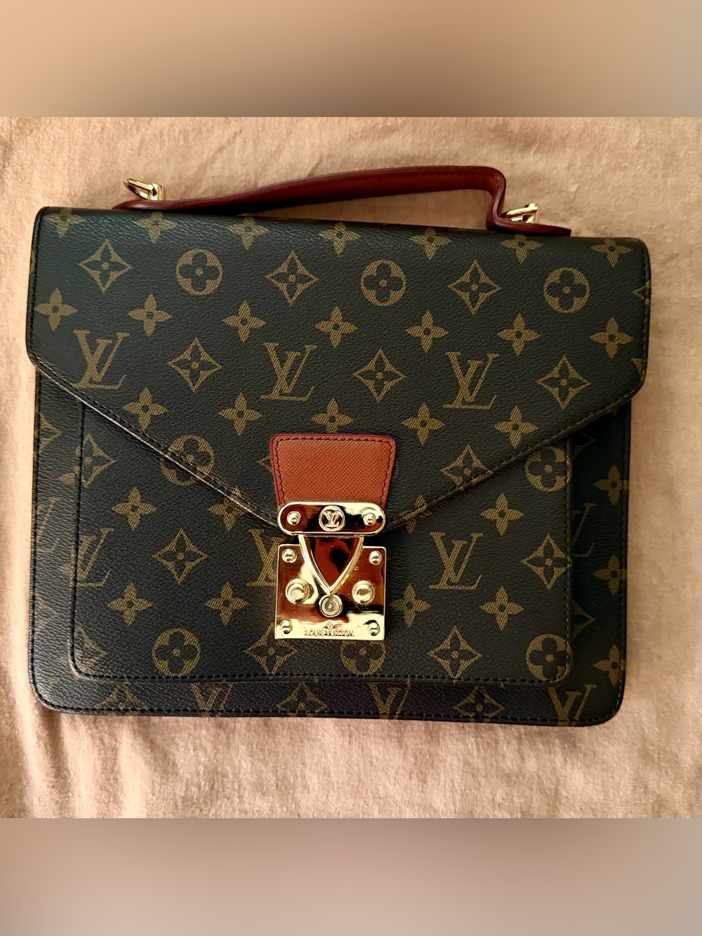 Louis Vuitton Monogram Canvas Satchel with Gold Hardware and Brown Trim